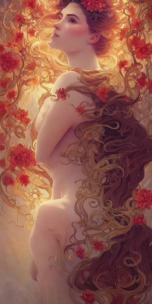 Image similar to Portrait of phoenix surrounded by spirit waves while rising from a chasm with flowers blossoming, fantasy, intricate, elegant, highly detailed, digital painting, artstation, concept art, smooth, sharp focus, illustration, art by Fernanda Suarez and Artem Demura and alphonse mucha