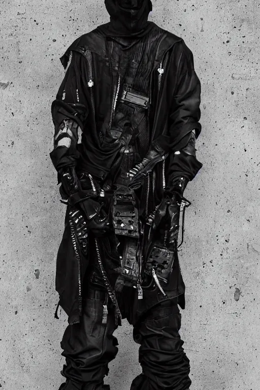 Prompt: avant garde techwear look and clothes, we can see them from feet to head, highly detailed and intricate, luxury, cinematic, rick owens, yohji yamamoto, y 3, outfit photo, hot on r / streetwear, trending on artstation,