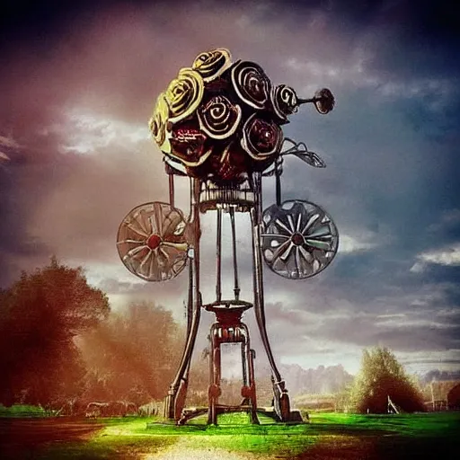 Prompt: giant mechanical rose, steampunk, fantasy art, sky