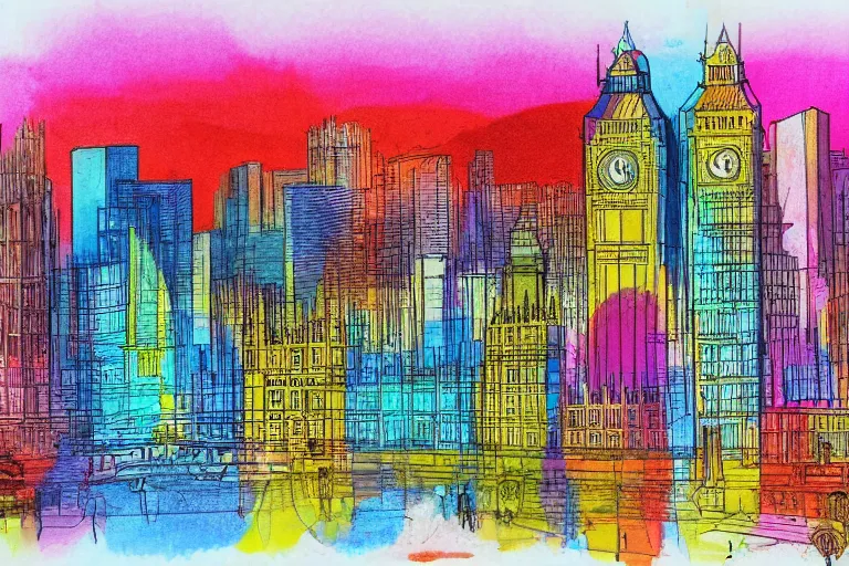 Prompt: color sketch of the london skyline, highly detailed, dramatic lighting, intense shadows, rich deep colours, by rupi kaur