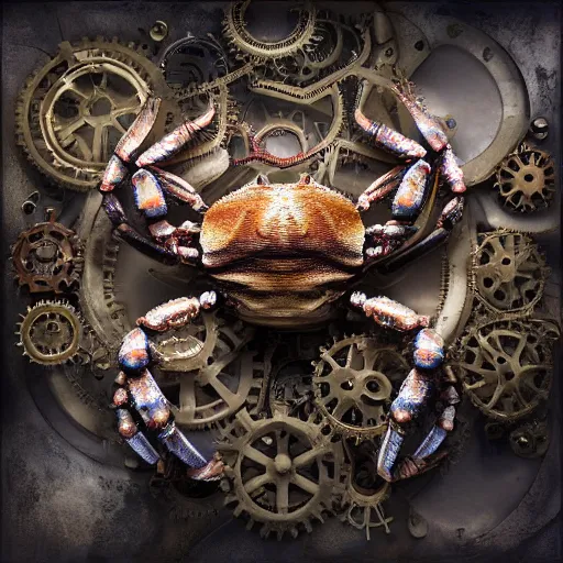 Image similar to A photorealistic 3d render of a steampunk crab made of gears and pipes wide view shot by ellen jewett , tomasz alen kopera and Justin Gerard symmetrical features, ominous, magical realism, texture, intricate, ornate, royally decorated, windows, radiant colors, fantasy, trending on artstation, volumetric lighting, micro details, 3d sculpture, ray tracing, 8k