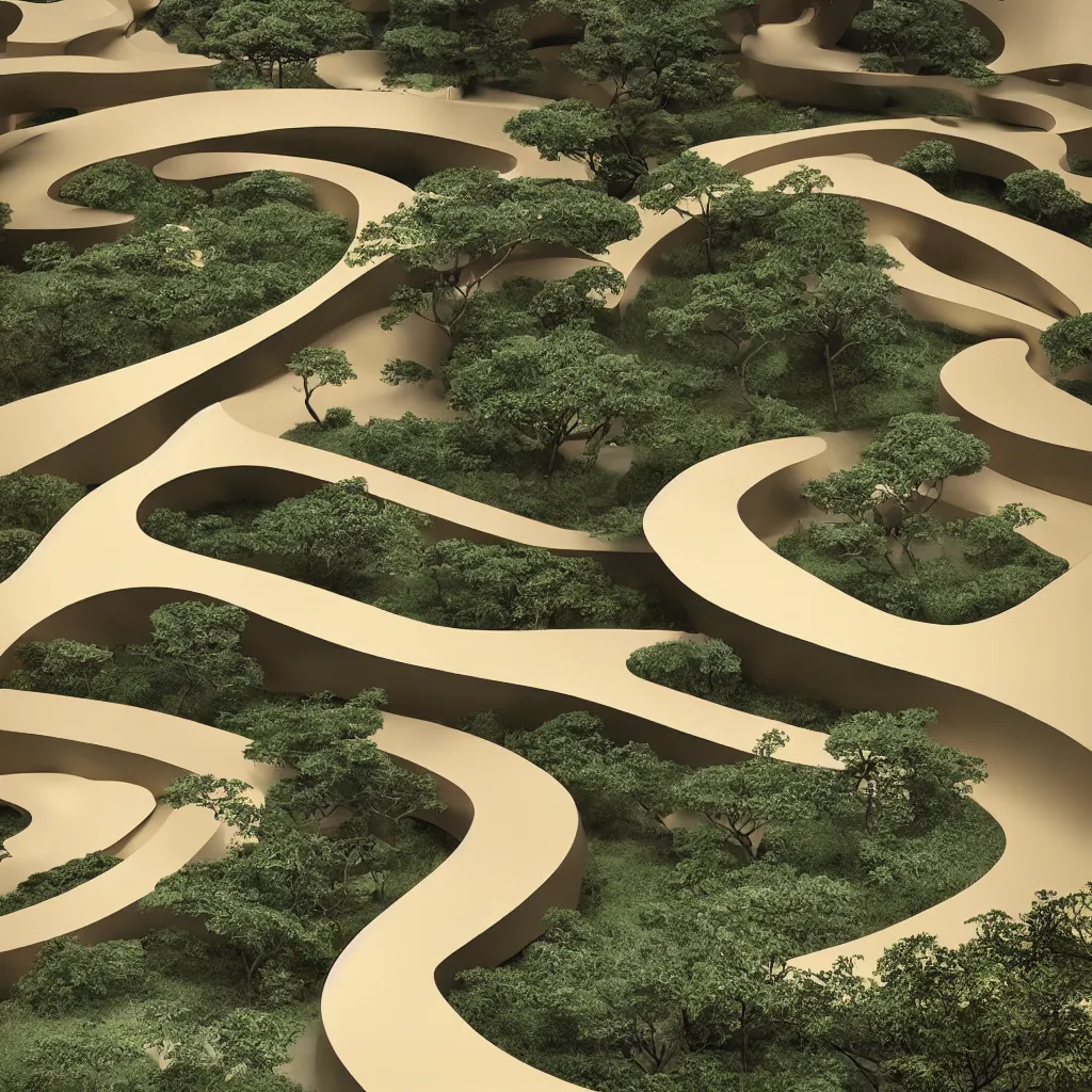 Prompt: “ an incredibly smooth curvilinear architectural complex spatial sculpture, unfolding continuously golden surfaces enclose a visually interesting japanese zen garden designed by zaha hadid, architecture render, vray ”