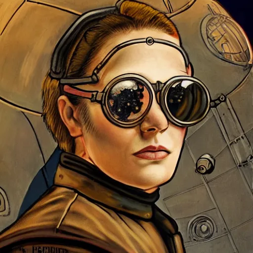 Prompt: detailed portrait of heroic square - jawed emotionless serious blonde butch woman mechanic, tribal tattoos, with dark brass victorian goggles, handsome, short slicked - back hair, wearing flight suit, looking distracted, awkward, standing in front of small spacecraft, vintage sci fi, no outline, rough paper