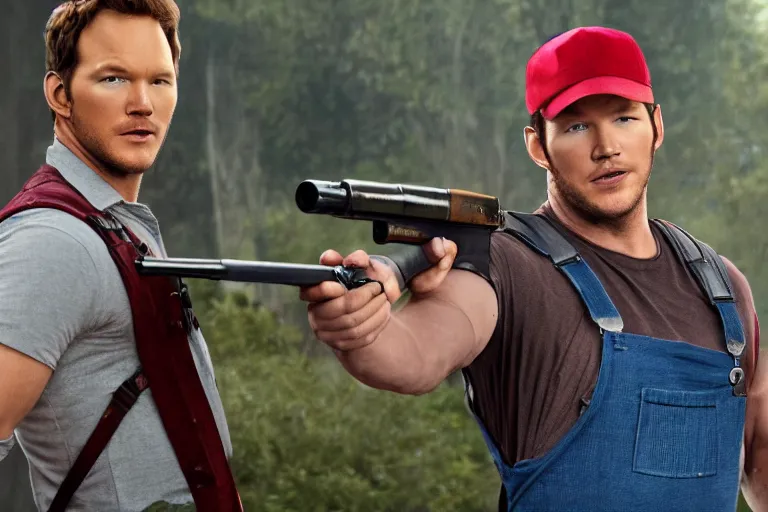 Prompt: a photo of chris pratt wearing a red cap and blue overalls carrying a shotgun, photorealistic, 8 k, castle background