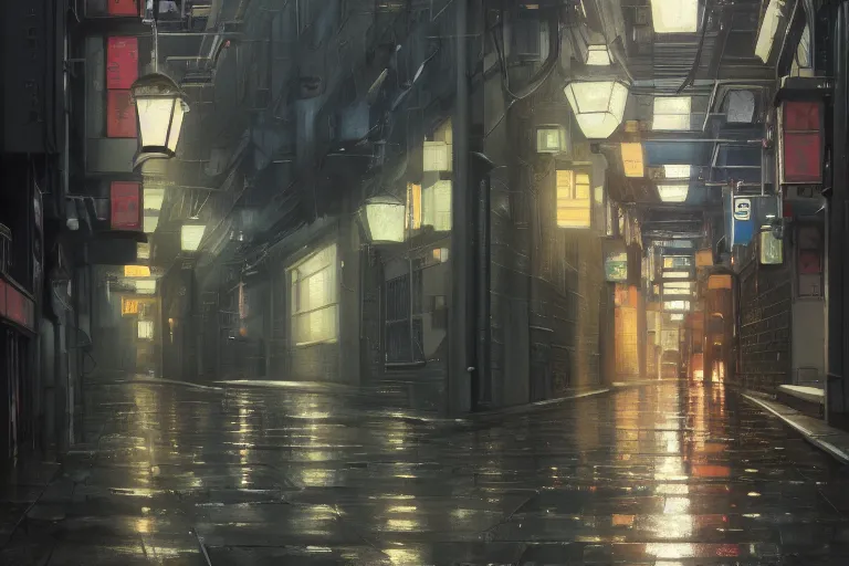 Prompt: a painting of a malfunctioning robot in a rain soaked back street in osaka, digital art, trending on artstation, by studio ghibli and greg rutkowski. spirited away. trending on artstation, hyperrealism, unreal engine