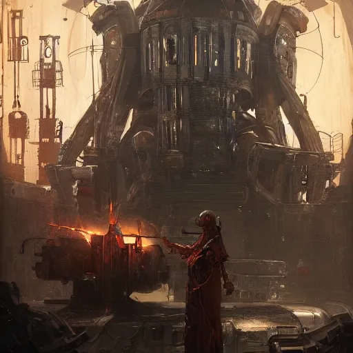 Image similar to adeptus mechanicus techpriest at a forge, by cedric peyravernay and feng zhu, highly detailed, excellent composition, cinematic concept art, dramatic lighting, trending on artstation