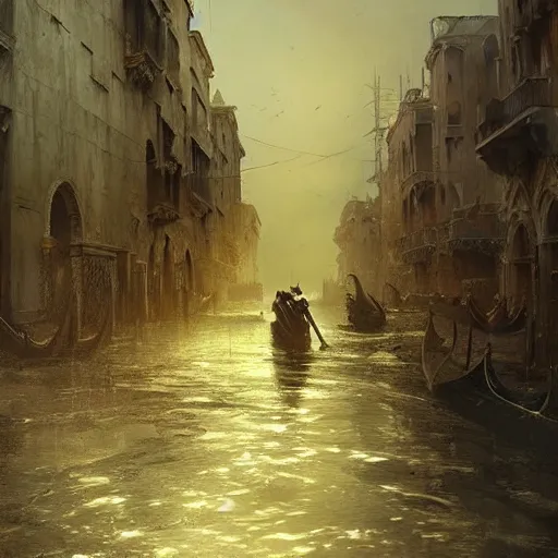 Image similar to venice in a post apocalyptic earth as seen by greg rutkowski, dark theme, enchanted, warm colors, high quality, waw, trending on artstation