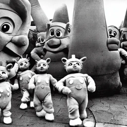 Image similar to teletubbies in a parade in nazi germany