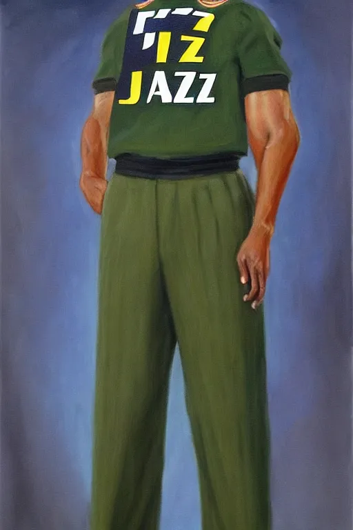 Image similar to full body portrait of the dictator of the nba utah jazz, 1 8 8 9, in full military garb, navy, green, oil on canvas by william sidney mount, trending on artstation