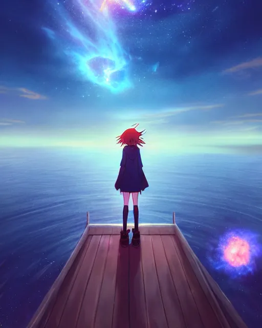 Image similar to a beautiful photo of a girl standing on a pier looming up at a supernova in the sky, beautiful compsition, epic photo, dramtic lighting, dim ， by makoto shinkai an krenz cushart