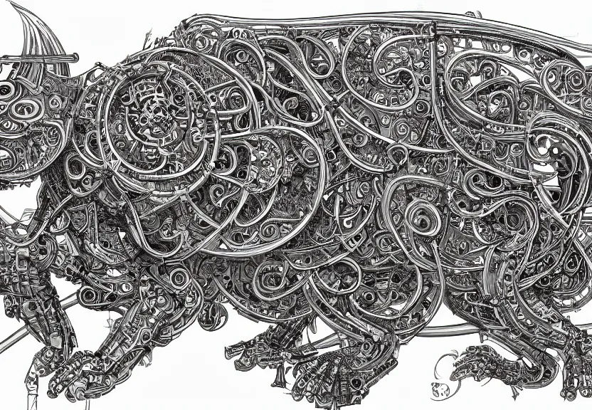 Image similar to 1 / 4 frame, schematic blueprint of highly detailed ornate filigreed convoluted ornamented elaborate cybernetic rat, full body, character design, middle of the page, art by da vinci