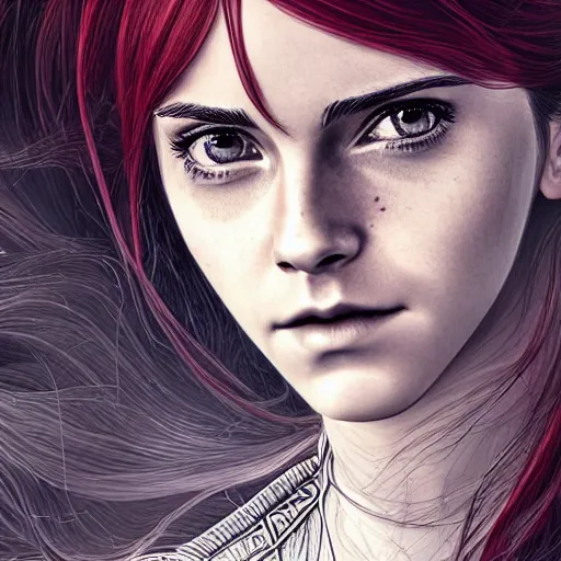 Image similar to emma watson as a long - red - haired female knight as an absurdly beautiful, elegant, young sensual anime girl,, ultrafine hyperrealistic detailed face illustration by kim jung gi, irakli nadar, intricate linework, sharp focus, bright colors, matte, final fantasy, unreal engine highly rendered, global illumination, radiant light, intricate environment