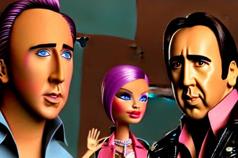 Image similar to Nicolas cage in barbie high resolution still film