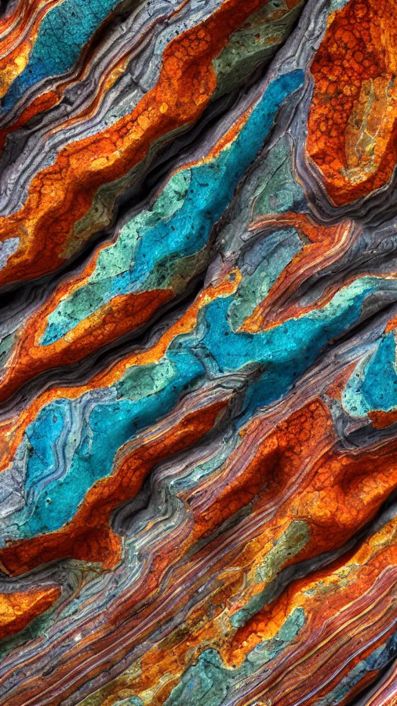 Image similar to vivid color, folded, tessellated planes of rock, alien sedimentary schematic, igneous rock, marbled veins, macro photography, 3D!!! diorama, depth of field with a patina of inlaid circuitry, layers of strata, mineral grains, dramatic lighting, rock texture, sand by James jean, geology, octane render in the style of Luis García Mozos