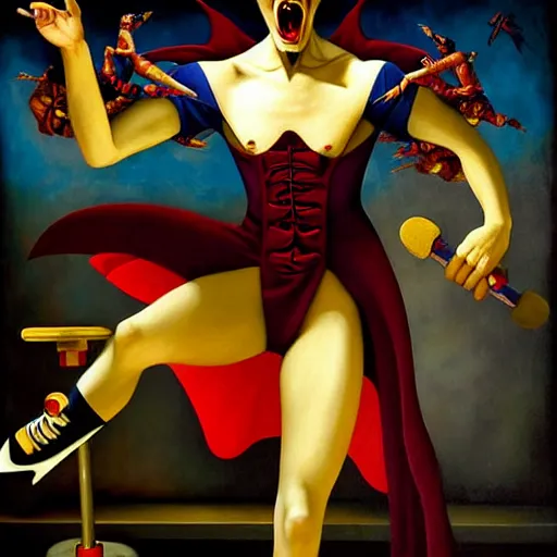 Prompt: dynamic composition, a painting of dracula the vampire skating on roller skates in a medieval roller rink, a surrealist painting by tom bagshaw and jacek yerga and tamara de lempicka and jesse king, featured on cgsociety, pop surrealism, surrealist, dramatic lighting, wiccan, pre - raphaelite, ornate gilded details