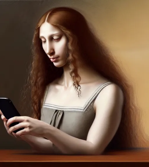Prompt: portrait of a long - haired woman with a cellphone browsing reddit. com on her phone sitting upon a table with heightened detail, poised, intense emotion, detailed facial expression, detailed surroundings, intricate, elegant, highly detailed, centered, digital painting, artstation, concept art, smooth, sharp focus, illustration, by ( leonardo da vinci ), wlop