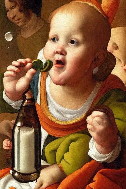 Image similar to “Highly detailed and intricate Renaissance Painting of Homelander drink milk from a baby bottle. Oil painting. Hyper detailed.”