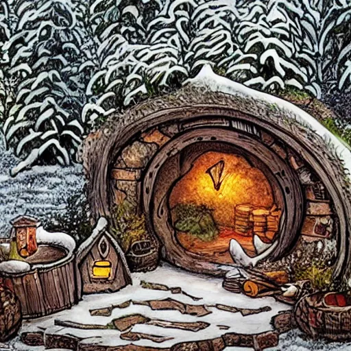 Image similar to a detailed illustration of hobbiton in winter, from the lord of the rings, round doors, hobbit burrows, a fat happy hobbit smoking a pipe