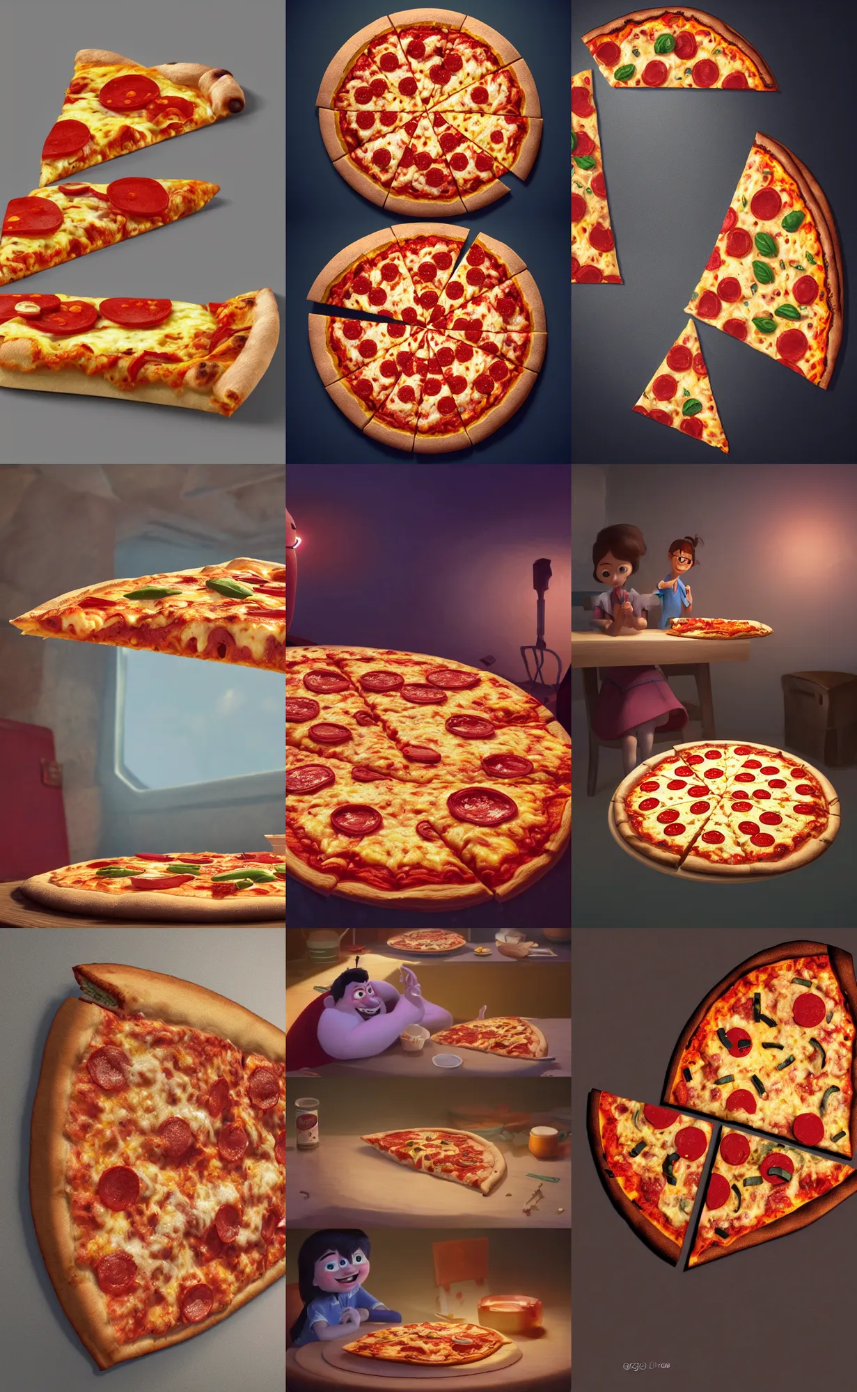 Prompt: a wholesome illustration of a slice of pizza with emotions, Pixar and Disney animation, sharp, Rendered in Redshift and Unreal Engine 5 by Greg Rutkowski, Bloom, dramatic lighting