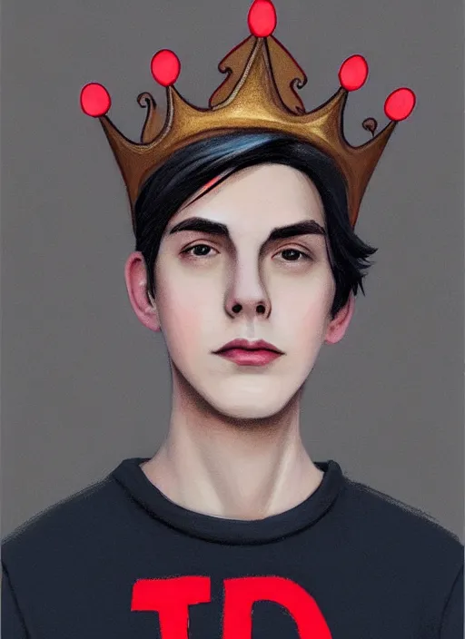 Image similar to portrait of teenage jughead jones wearing a light grey crown, photorealistic, crown, eyes closed, crown, black hair, sweater with letter s on it, letter s, intricate, elegant, glowing lights, highly detailed, digital painting, artstation, concept art, smooth, sharp focus, illustration, art by wlop, mars ravelo and greg rutkowski