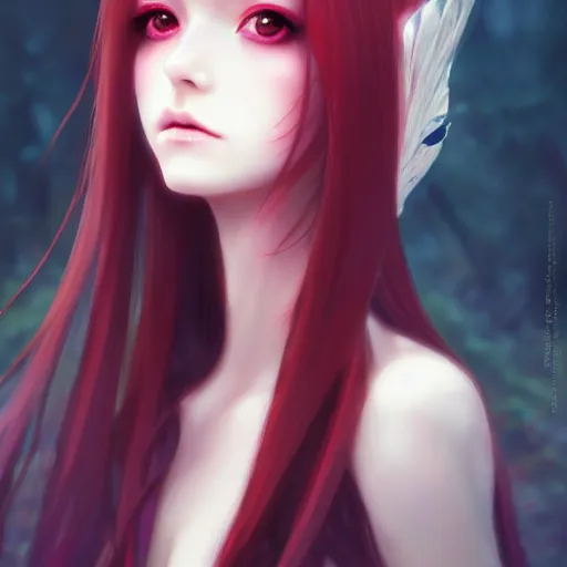 Image similar to facial portrait of a young pretty anime woman, long red hair, dark eyes, gothic eyeliner, character concept art, headshot, Charlie Bowater, Anna Dittmann, WLOP, Rumiko Takahashi, Akihiko Yoshida, Hyung-tae Kim, alexander mcqueen, trending on Artstation