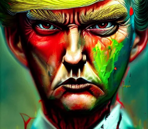 Prompt: a Demon Slayer portrait ofDonald Trump , tall, pale-skinned, and slender with lime green eyes and long eyelashes by Stanely Artgerm,Tom Bagshaw,arthur adams,Carne Griffiths,trending on DeviantArt,street art,face enhance,chillwave,maximalist,full of color, glittering