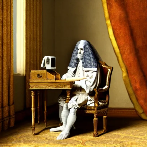 Prompt: An extremely detailed render of a mummy in very old clothes, sitting at his Louis XIV desk, with very old curtains in the room, very old room. The very very very old man has a 1880 phone on his desk. Dust in the air, god rays, raytracing shadows, ambient occlusion, 8K, RTX 3090, trending on artstation, lumens