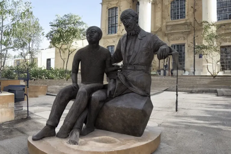 Image similar to a man who is sitting upright in a chair is touching a completed statue