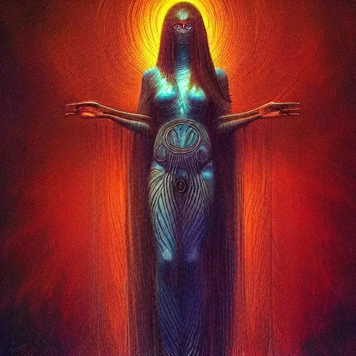 Image similar to “realistic picture of a woman goddess matrix cyberpunk alien divine deity in the style of Jean Delville”
