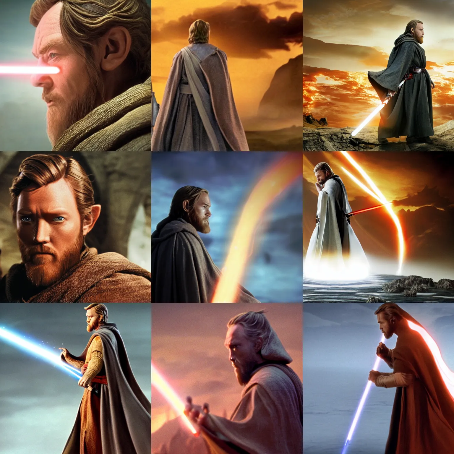 Prompt: side view of obi - wan kenobi facing sauron, lord of the rings film still