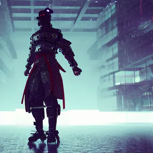 Image similar to cyberpunk samurai in a dytopian future, ultra realistic, fog, raytracing, reflections, rain, octane render