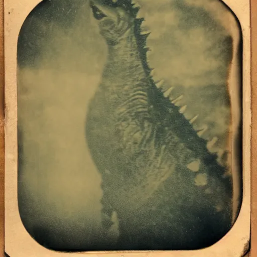 Image similar to tintype photo, underwater, Godzilla