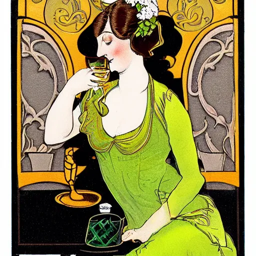 Prompt: a lady with a glass of absinthe, art nouveau style