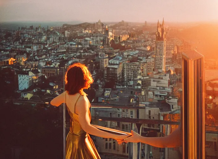 Image similar to a fantasy queen stands on a balcony overlooking a fantasy city, golden light and glow, 3 5 mm photography