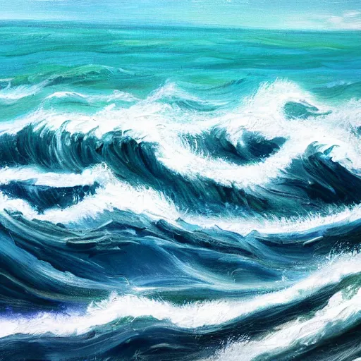 Image similar to a painting of an ocean full of waves