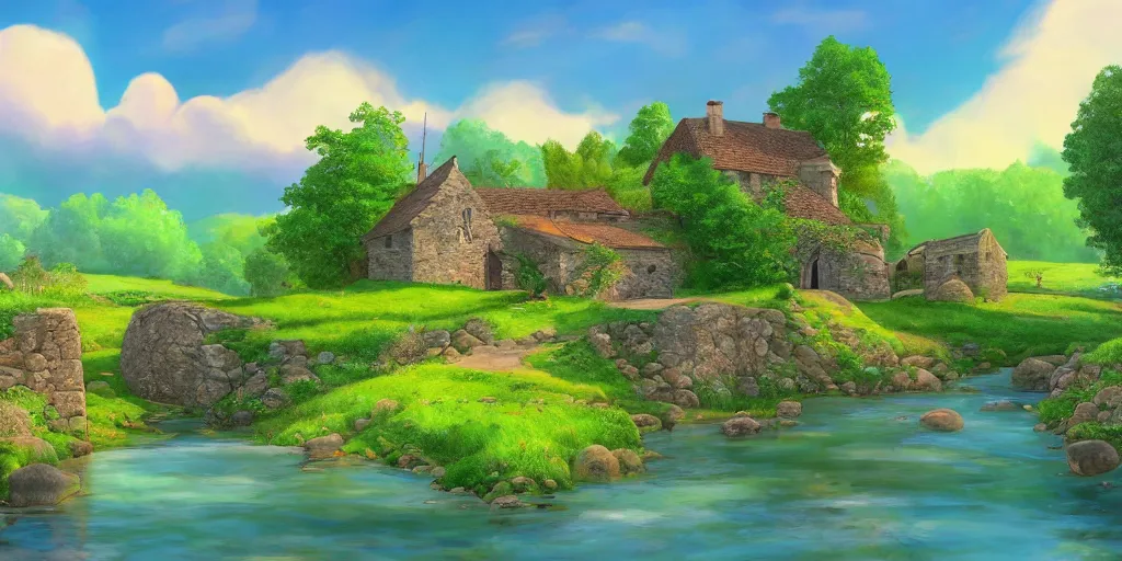 Image similar to a serene landscape with a small medieval stone house near a river in the style of Pixar, anime style, low saturation, high quality, highly detailed, 4k, complementary colours, cartoon