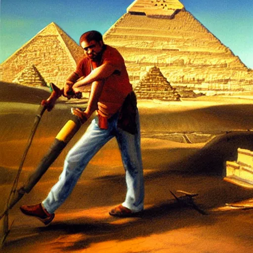 Image similar to painting of a man cutting wood in front of egypt pyramids, painted by drew struzan