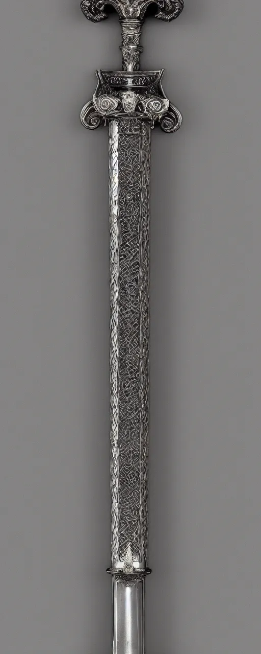 Image similar to sword of justice hanging on a wall, ornate gem in pommel, engraved blade, serrated point, herringbone floor, low angle, museum display, steve argyle