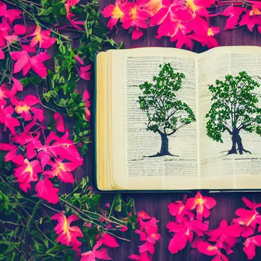 Image similar to high quality studio photography of Bible with a tree of beautiful leaves and flowers growing out of it, tree of life, solid background