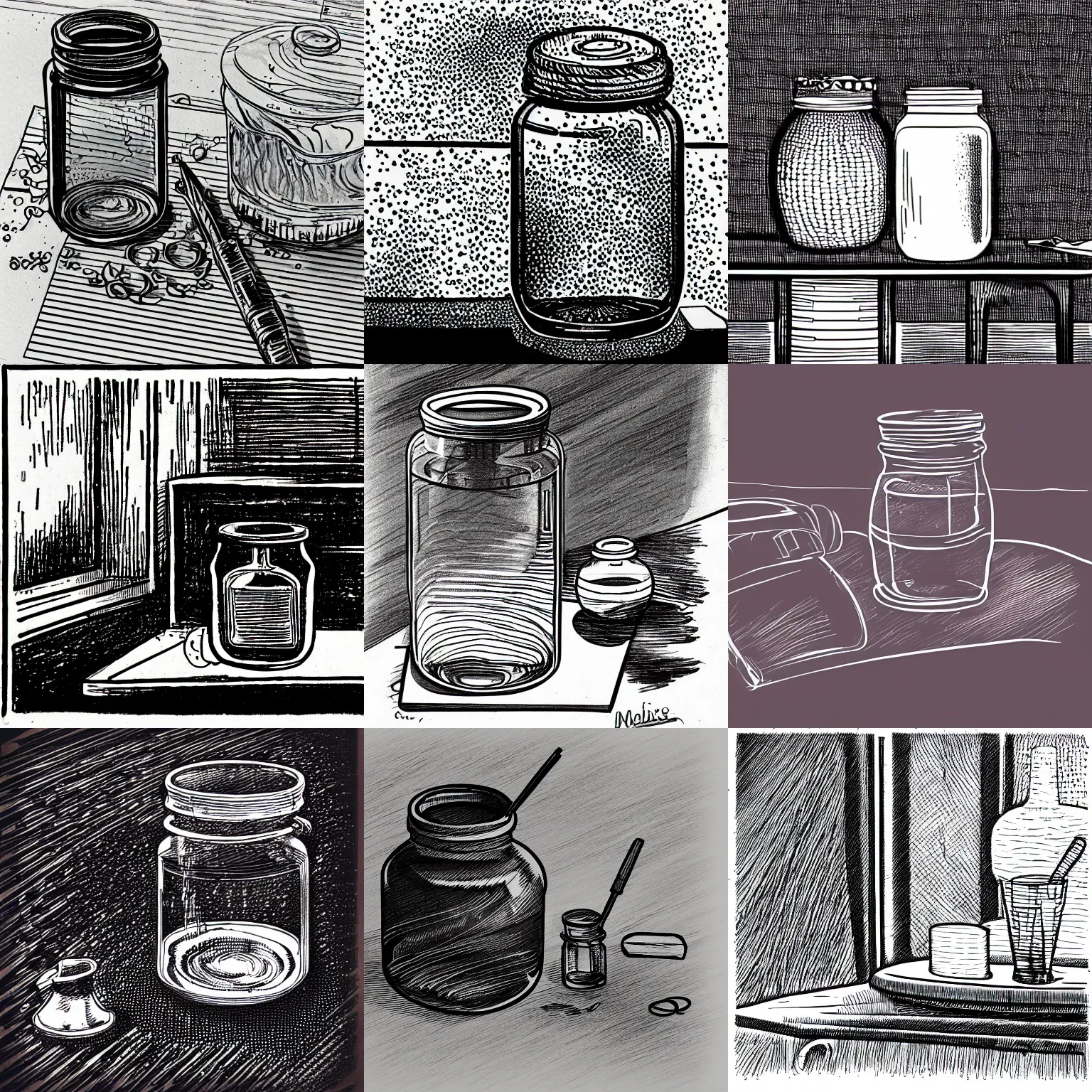 Prompt: sketch of fountainn pen and glass canning jar of swirling ink shimmering on a desk, dramatic afternoon lighting, linear halftone, subtle colors, heavy metal, by moebius
