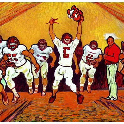 Image similar to painting of arkansas razorbacks players at the halloween jack o'lantern party, elegant, clear, painting, stylized, delicate, soft facial features, art, art by alphonse mucha, vincent van gogh, egon schiele