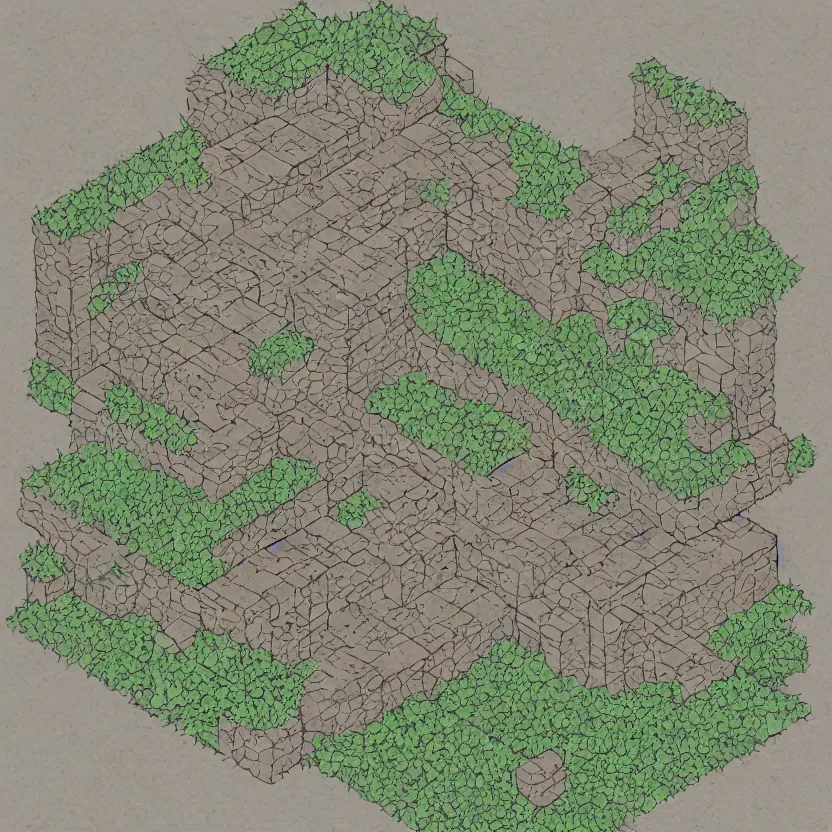 Prompt: isometric view of the outside of a cave, colored lineart