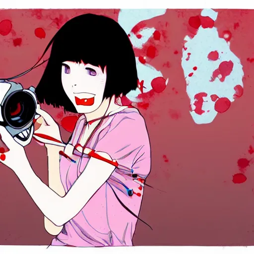 Prompt: a beautiful woman covered in blood smiling at the camera. Anime in the style of hisao shirai and Satoshi Kon. In the style of perfect blue