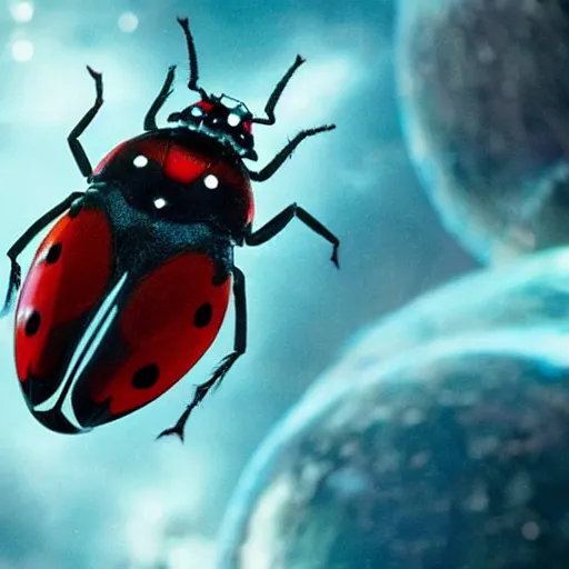 Image similar to film still, future ladybug ( ( descendants ) ), ladybug quadruped with big rgb eyes, huge ladybug mothership, epic cosmos, dramatic lighting, the hobbit blade runner guardians of the galaxy. imax, 7 0 mm.