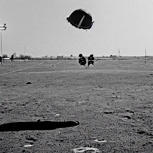 Prompt: Apollo 11 landing in a football stadium. Photographic quality, vintage, realistic, wide.