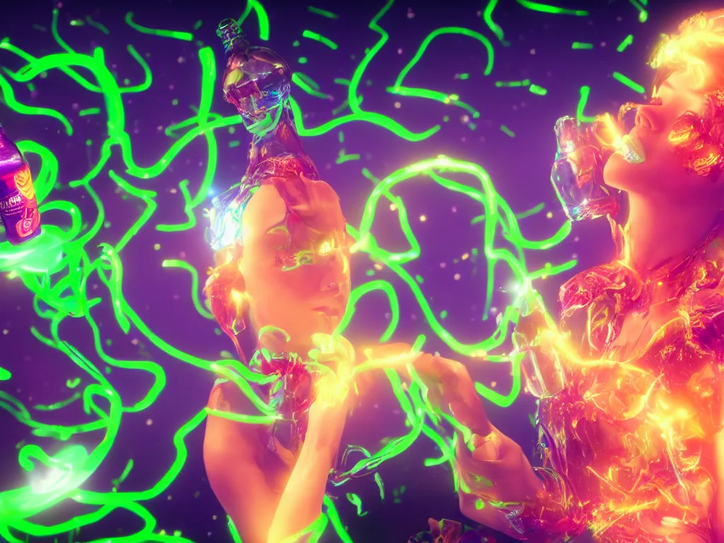 Image similar to a hyperrealistic portrait render of a beauty queen opening a bottle of glowing worms and drinking fluorescent liquid in the cosmos, unreal engine 8k