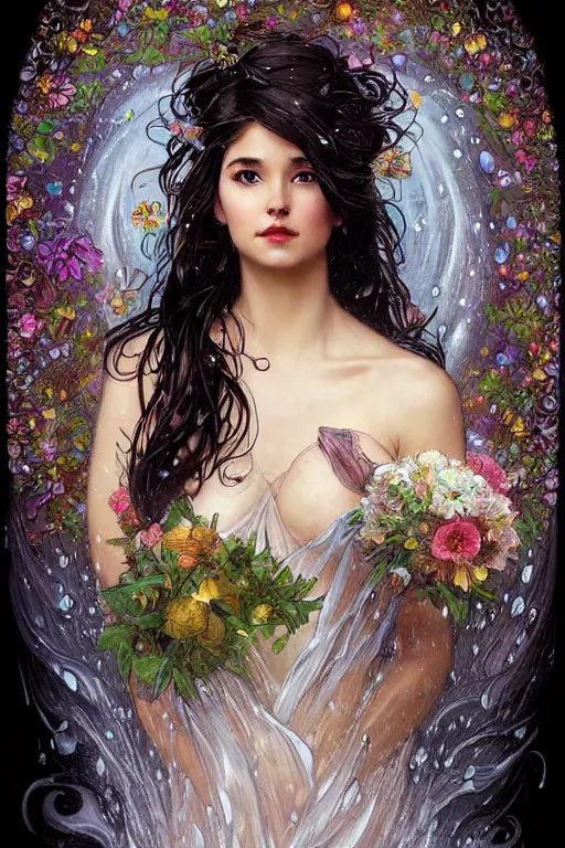 Image similar to portrait of a beautiful woman wearing a black dress, holding a bouquet of flowing flowers, drenched body, wet dripping hair, emerging from the water, fantasy, regal, fractal crystal, fractal gems, by stanley artgerm lau, thomas kindkade, alphonse mucha, loish, norman rockwell