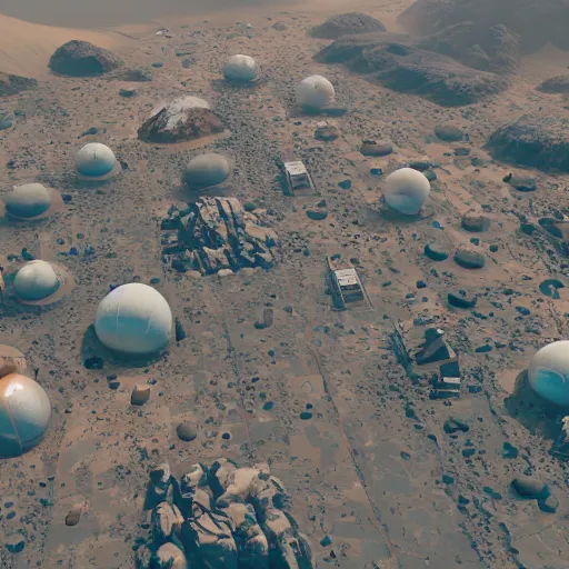 Prompt: artstation concept art of mars colony with geodesic buildings and small dust clouds, aerial view, highly detailed, digital art, artgem, beeple,