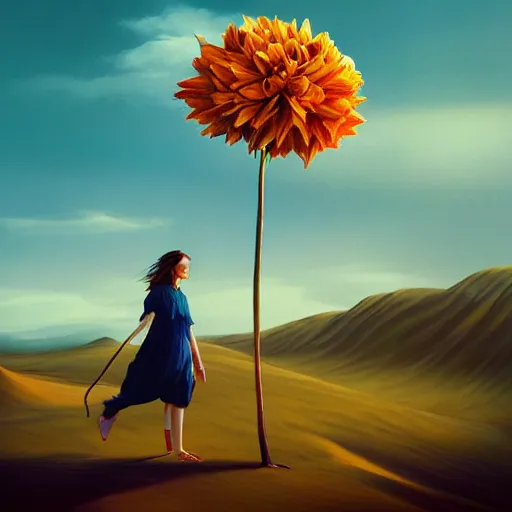 Image similar to portrait, giant dahlia flower head, girl walking between dunes, surreal photography, sunrise, blue sky, dramatic light, impressionist painting, digital painting, artstation, simon stalenhag