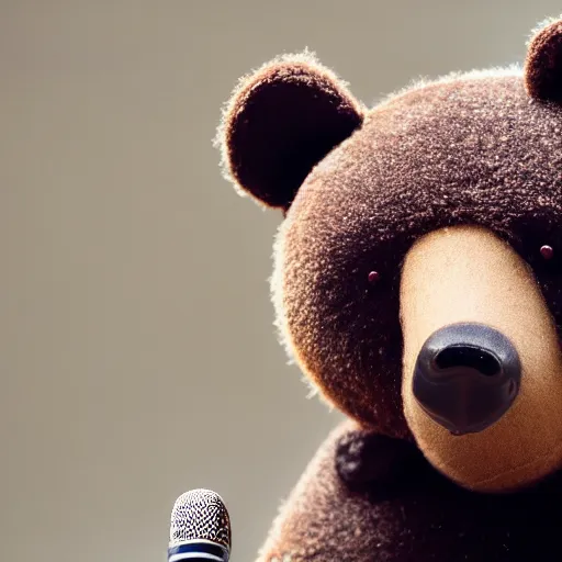 Prompt: A sad bear on a stage talking into a microphone